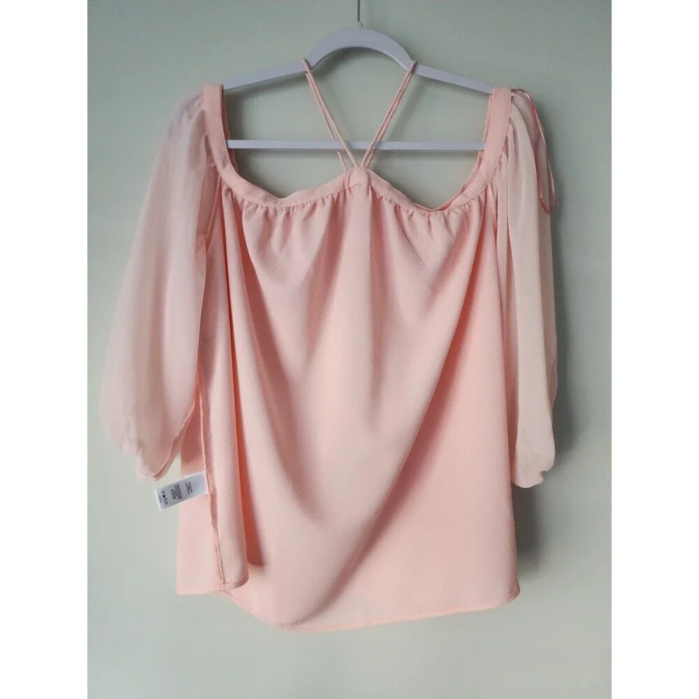 NWT 1.State High Neck Blouse Size L Pink Taffeta Off-Shoulder Demi-Sheer Party - Picture 5 of 11